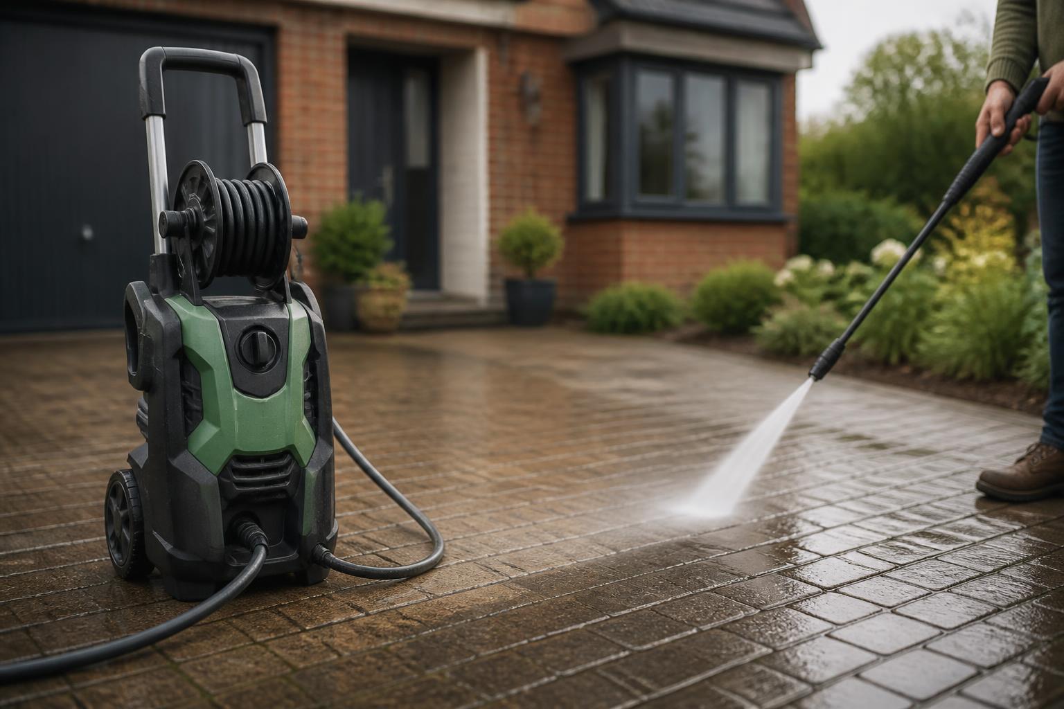 Pressure washer cleaning a block-paved driveway in front of a British home.