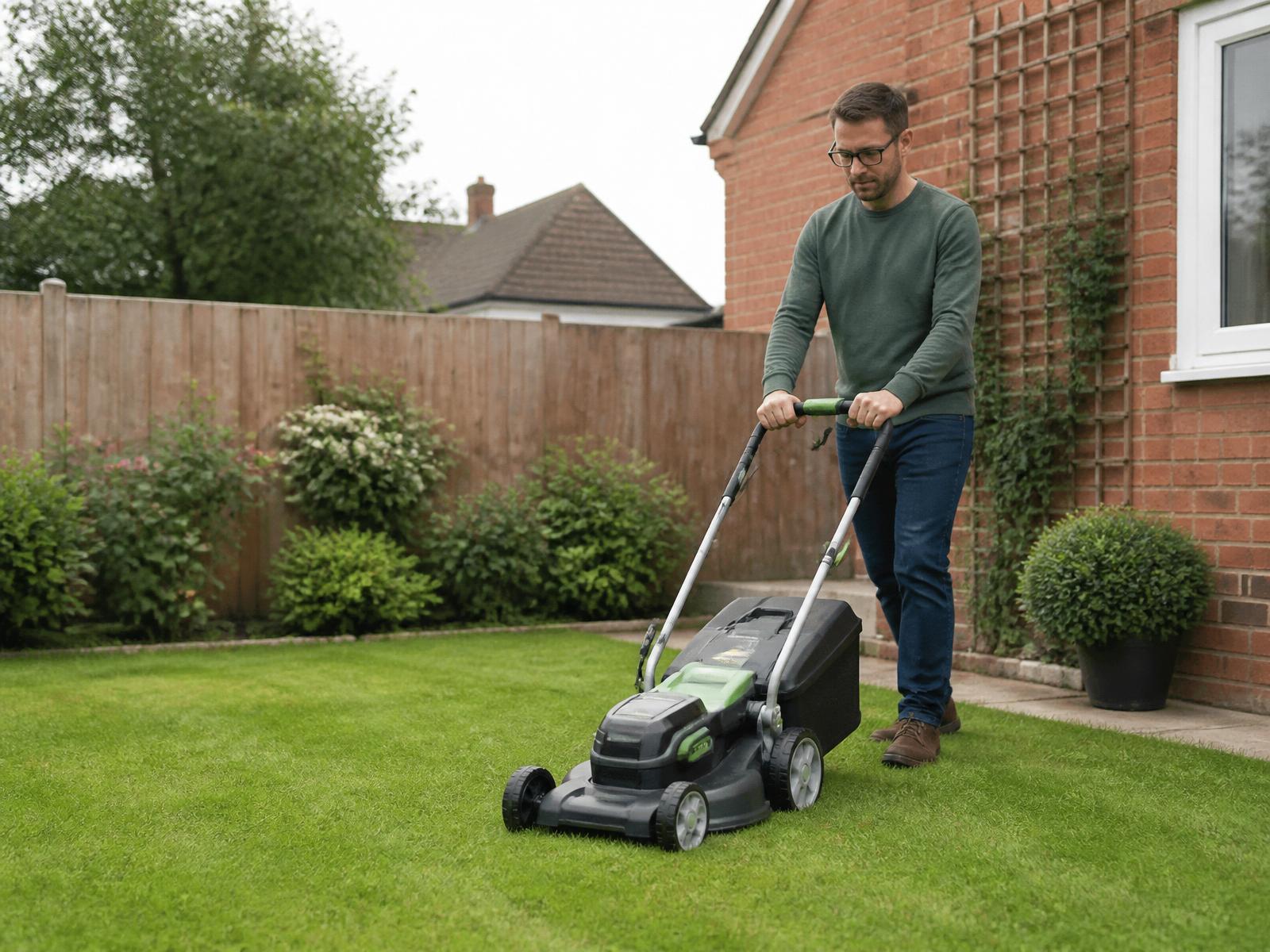 Homeowner mowing a British back garden lawn with a cordless lawnmower
